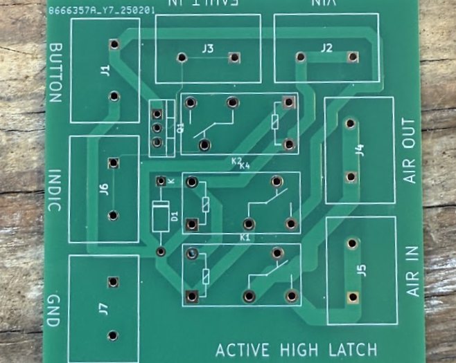 Bare active-high latch PCB with relays K1, K2 and K4, transistor Q1 and diode D1, and edge connectors silkscreened BUTTON, INDIC, GND, FAULT IN, VIN, AIR IN and AIR OUT