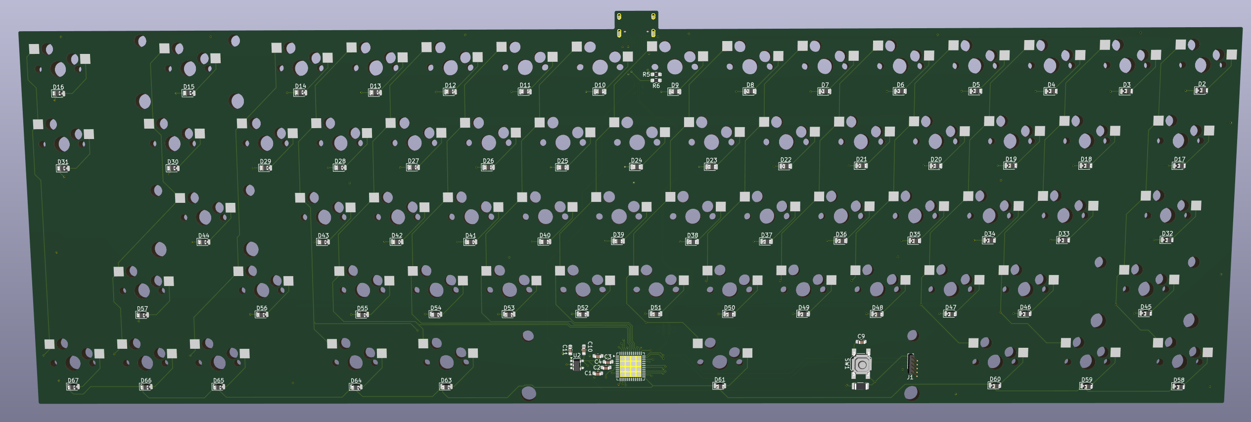 KiCad 3D render of the keyboard PCB, back side, showing STM32G0B1 MCU, diodes, and programming header