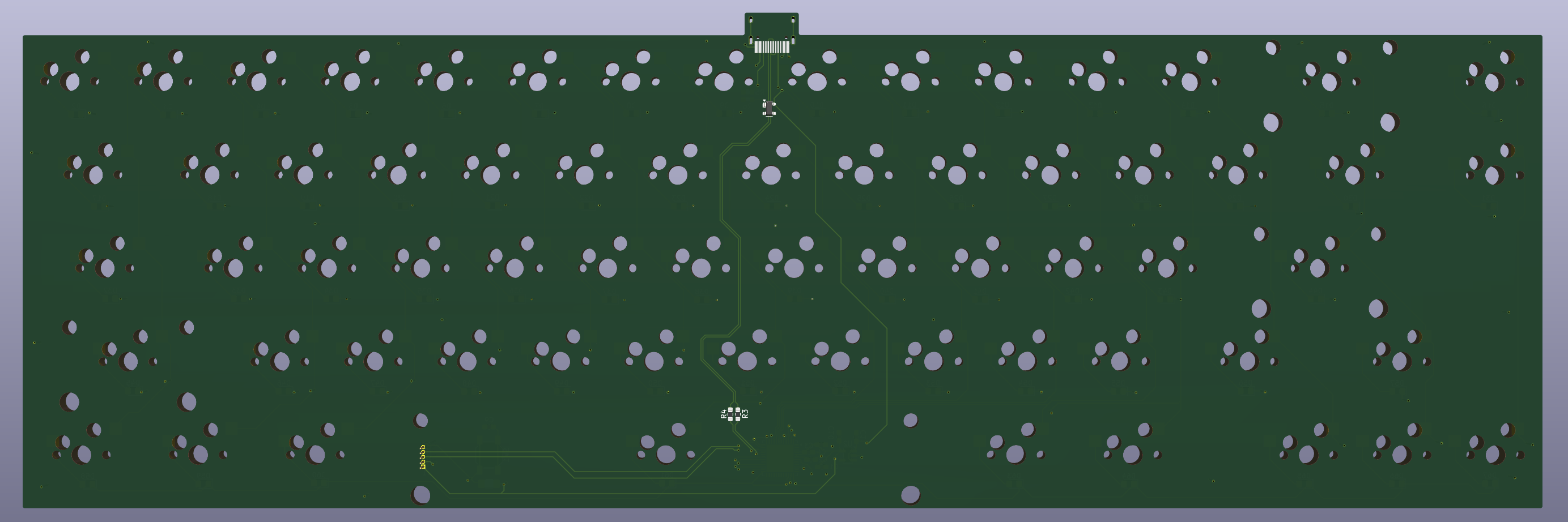 KiCad 3D render of the custom 65% keyboard PCB